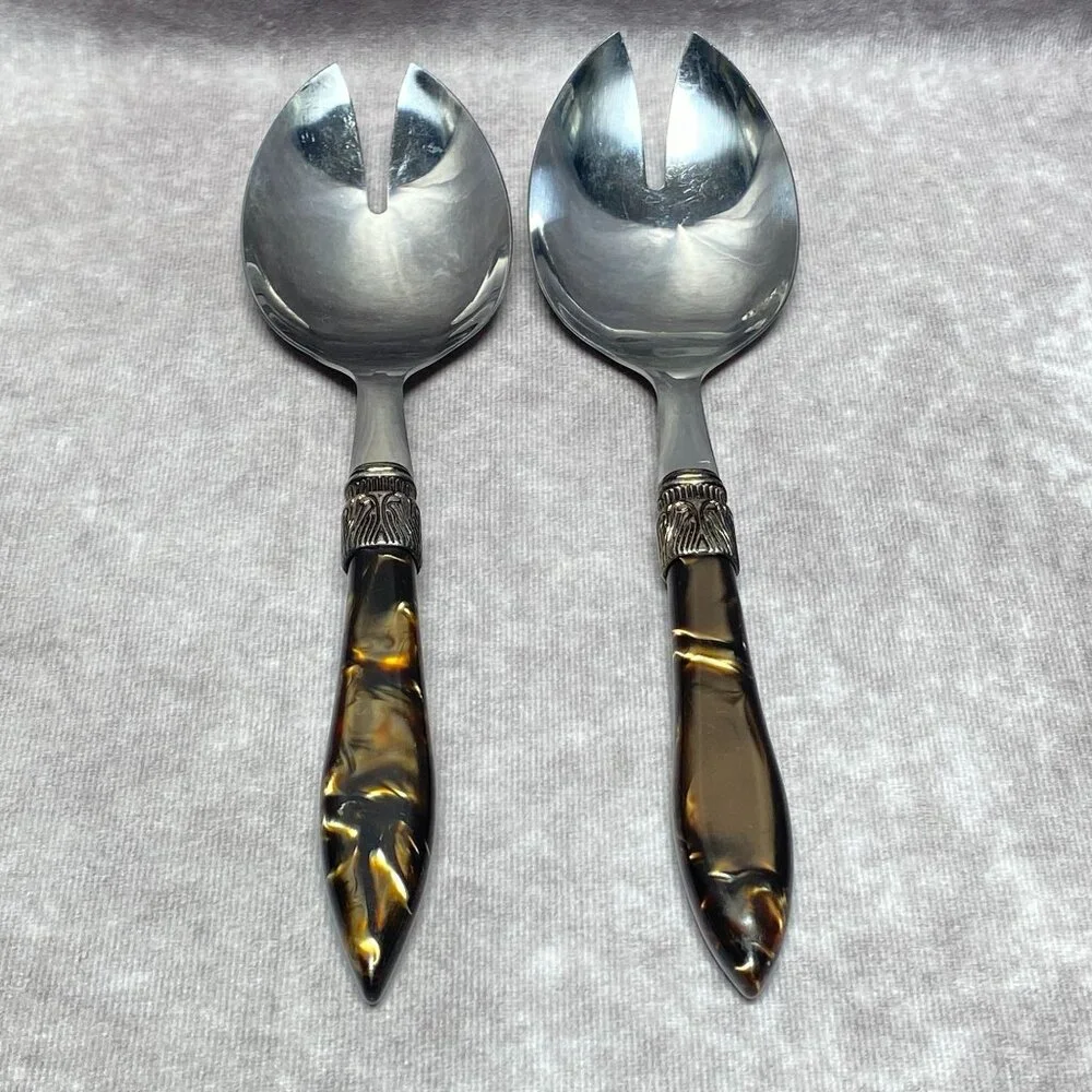 Vintage Stainless Steel Salad Servers With Faux Tortoiseshell Handles 10
